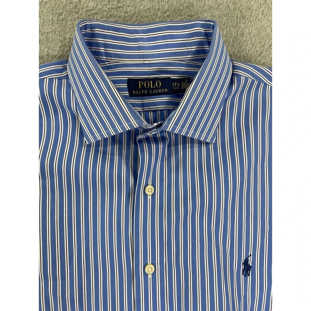 Polo by Ralph Lauren Mens Dress Shirt 17.5 32/33 Blue White Striped Pony Logo